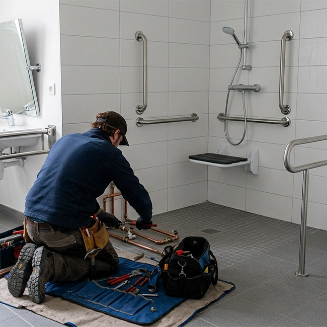 plombier en train de travailler dans une salle de bain pmr dans le Var à Draguignan