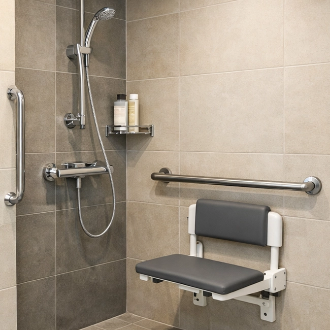 salle de bain pour pmr avec douche italienne et siège de douche dans le var à Draguignan